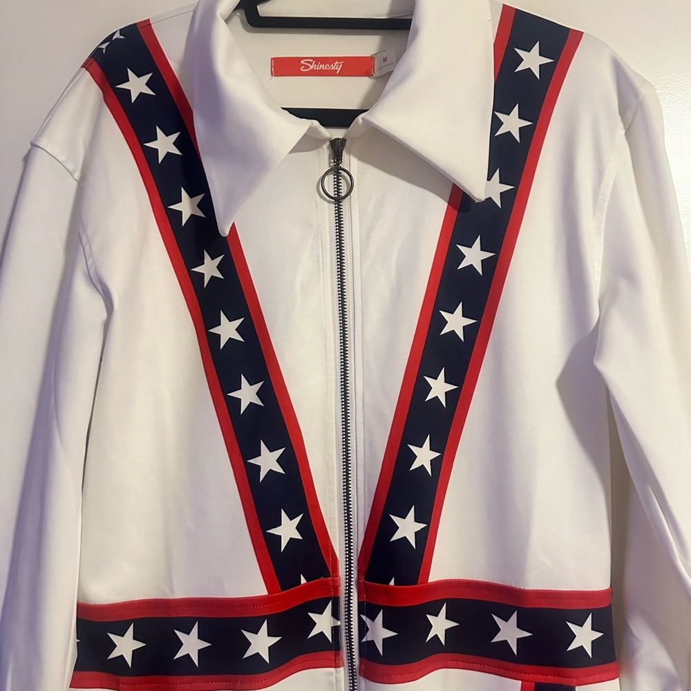 Patriotic White and Red Bomber Jacket with Star Stripes